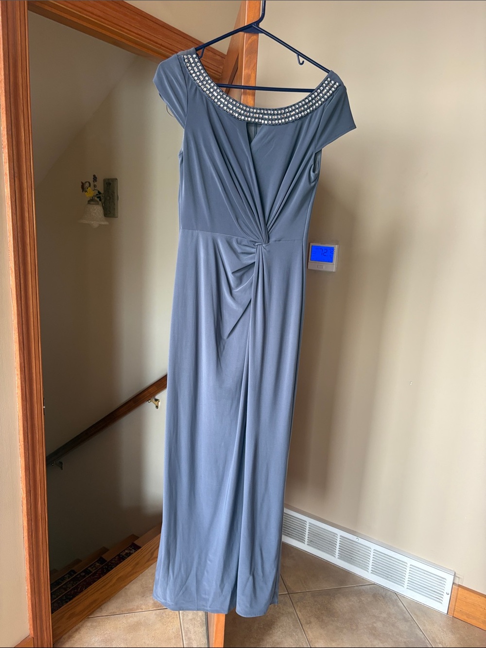 ALEX evenings Elegant Beaded Neck Gray Evening Dress